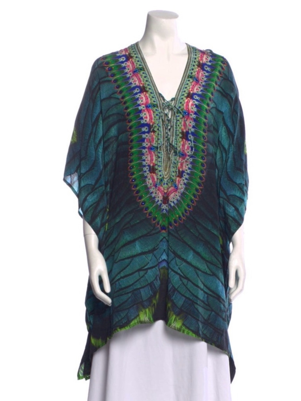 NWT Camilla Multicolor Peacock-Print V-Neck Tunic with Embellished Trim